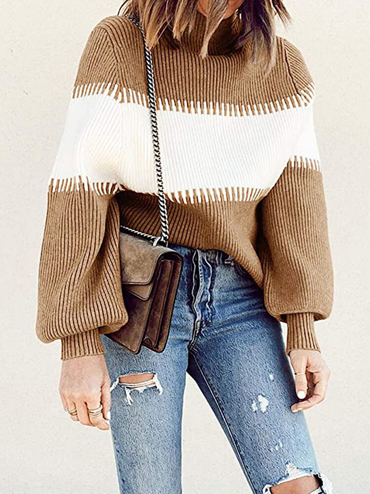 
	Contrast Color Lantern Sleeve O-neck Sweater For Women