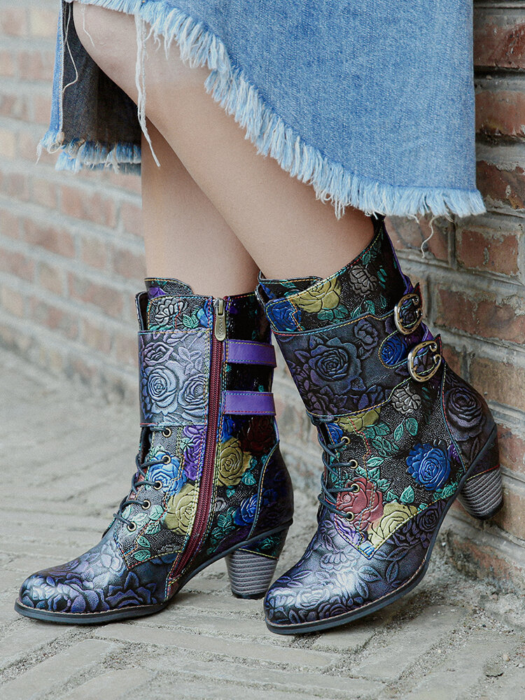 
	SOCOFY Vintage Floral Embossed Genuine Leather Warm Lining Casual Chunky Heel Boots