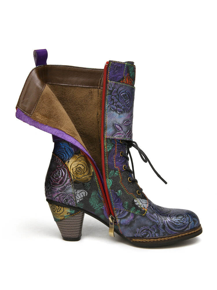 
	SOCOFY Vintage Floral Embossed Genuine Leather Warm Lining Casual Chunky Heel Boots