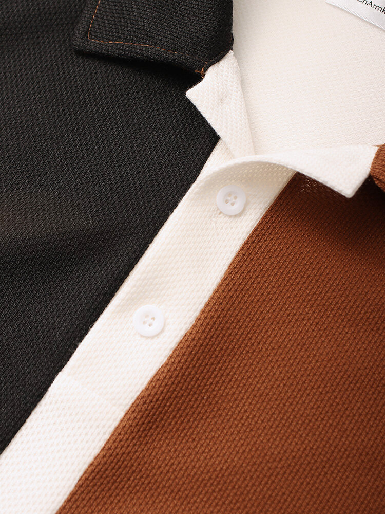 
	Mens Tricolor Knitted Lapel Short Sleeve Regular Hem Shirt