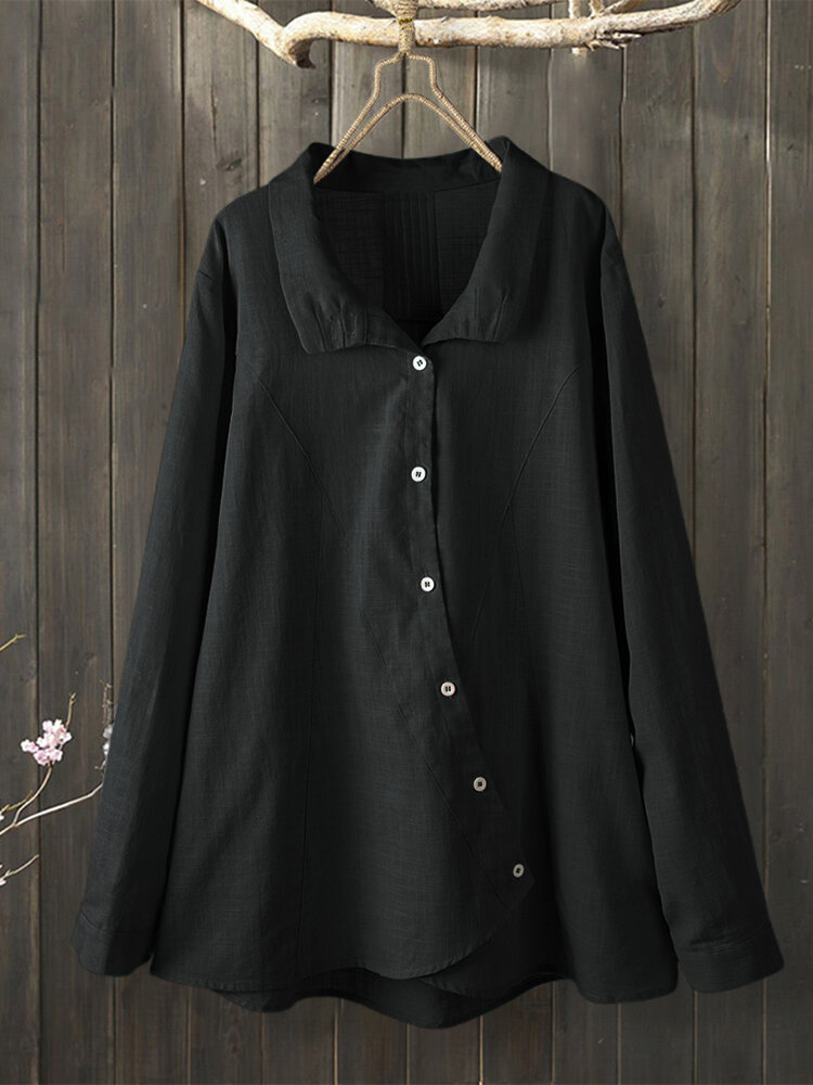 
	Vintage Solid Color Irregular Button Lapel Plus Size Shirt