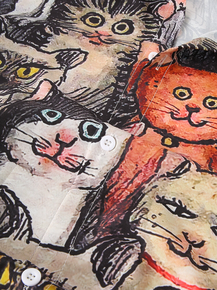 
	Mens Halloween Allover Funny Cat Print Casual Loose Fit Short Sleeve Shirts