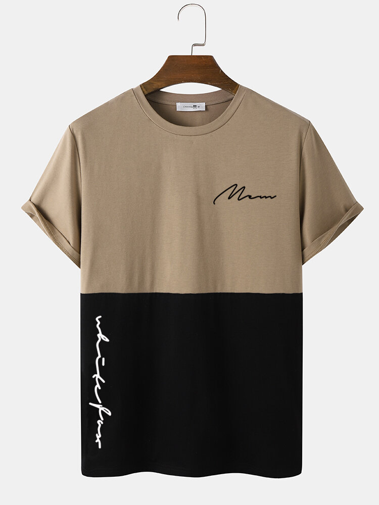 
	Mens Script Print Two Tone Stitching Casual Short Sleeve T-Shirts
