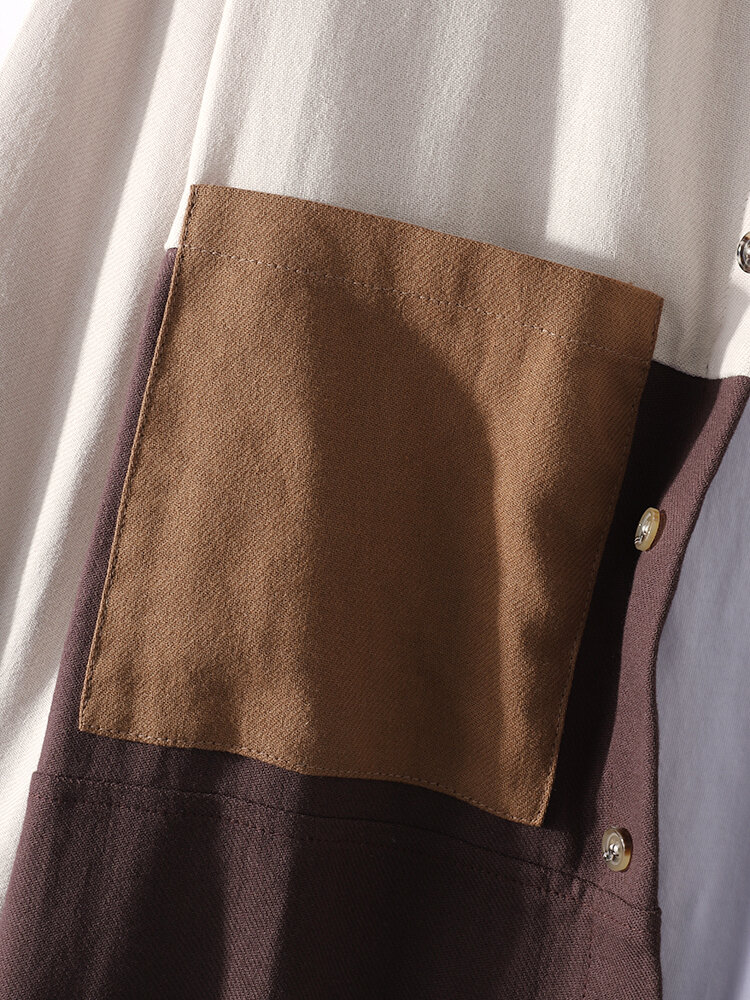 
	Mens 100% Cotton Colorblock Patchwork Loose Chest Pockets Long Sleeve Shirts
