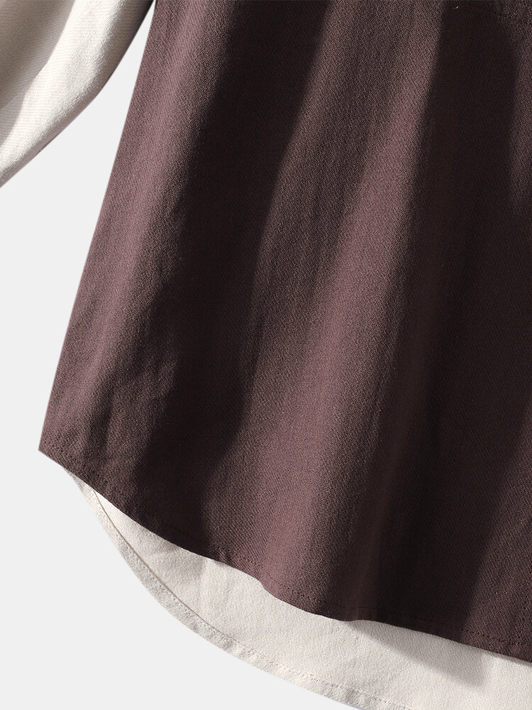 
	Mens 100% Cotton Colorblock Patchwork Loose Chest Pockets Long Sleeve Shirts