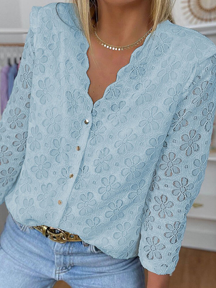 
	Solid Lace Button V-neck Long Sleeve Blouse For Women