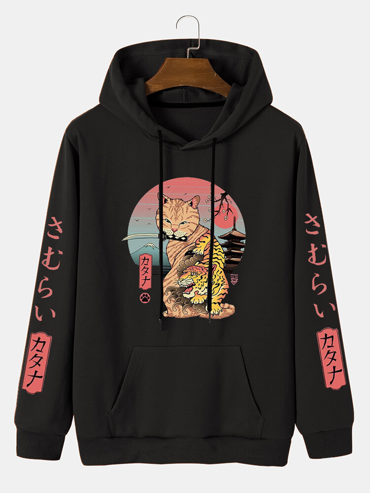 
	Mens Japanese Cat Print Casual Drawstring Hoodies With Kangaroo Pocket