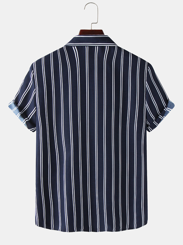 
	Mens Basic Stripes Print Loose Casual Light Short Sleeve Shirts