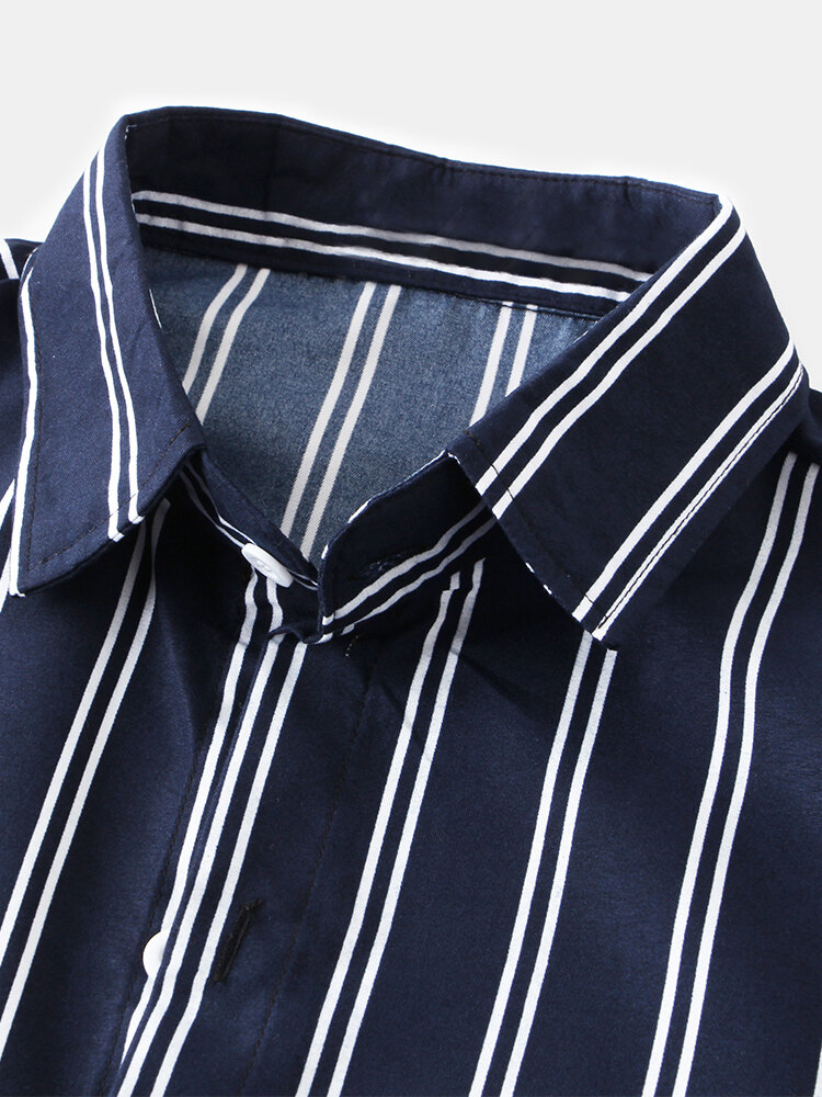 
	Mens Basic Stripes Print Loose Casual Light Short Sleeve Shirts
