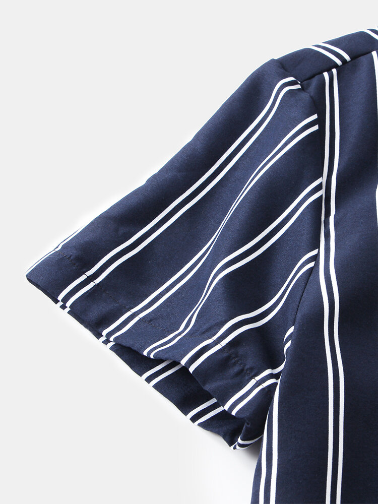 
	Mens Basic Stripes Print Loose Casual Light Short Sleeve Shirts