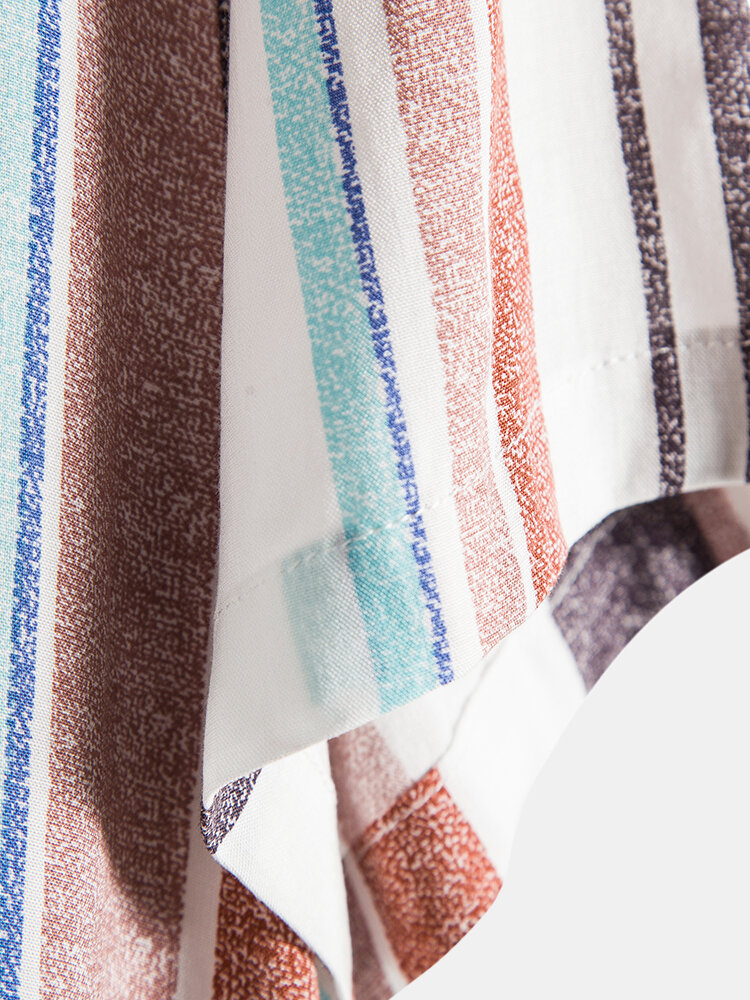 
	Mens Stripe Print Short Sleeve Lapel Regular Hem Preppy Shirt