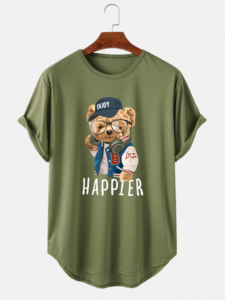 
	Mens HAPPIER Cartoon Bear Pattern Curved Hem Short Sleeve T-Shirt