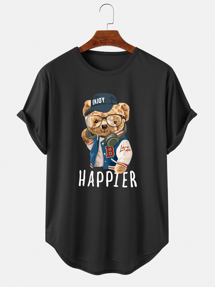 
	Mens HAPPIER Cartoon Bear Pattern Curved Hem Short Sleeve T-Shirt