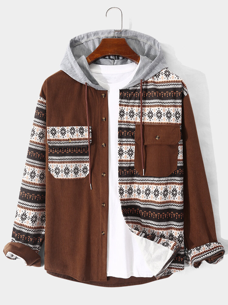 
	Mens Corduroy Vintage Ethnic Pattern Patchwork Button Drawstring Hooded Shirts