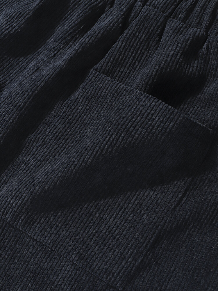 
	Mens Corduroy Solid Color Casual Push Buckle Waist Pants