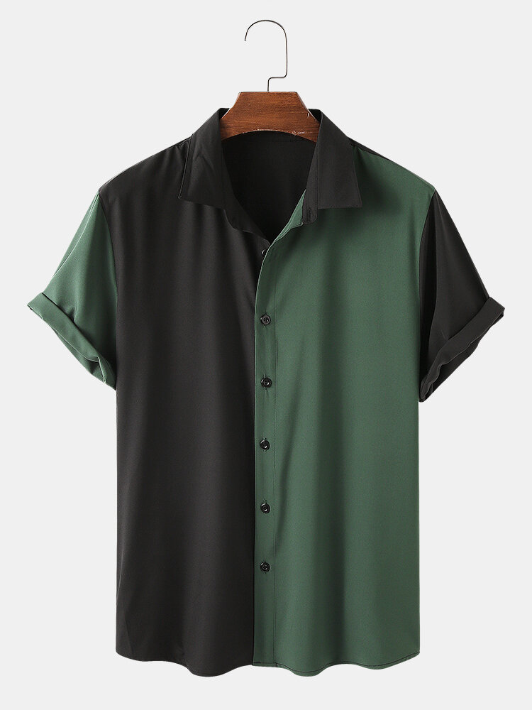
	Men Asymmetric Color Matching Casual Short Sleeve Shirt
