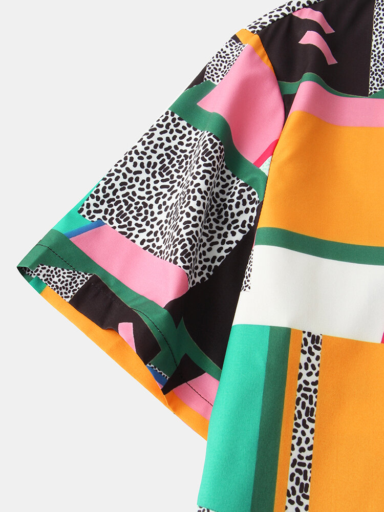 
	Mens Dot & Geometry Pattern Colorblock Lapel Short Sleeve Shirt