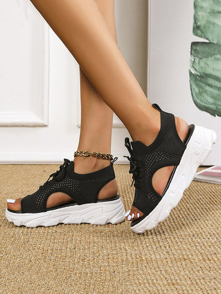 
	Women Casual Lace-up Comfy Knit Open Toe Platform Sandals