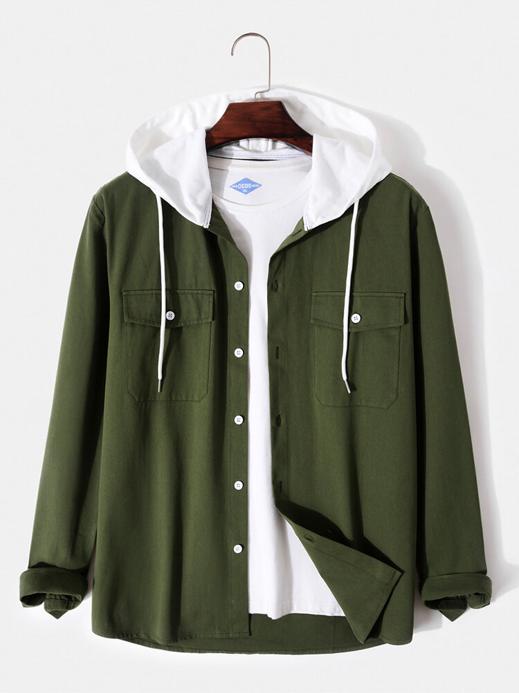 
	Mens Solid Button Up Drawstring Hooded Shirts With Flap Pocket