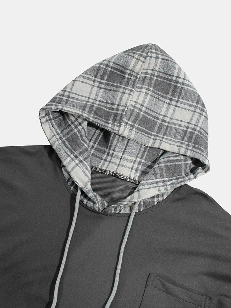 
	Mens Patchwork Plaid Contrast Faux Twinset Casual Drawstring Hoodies With Pocket