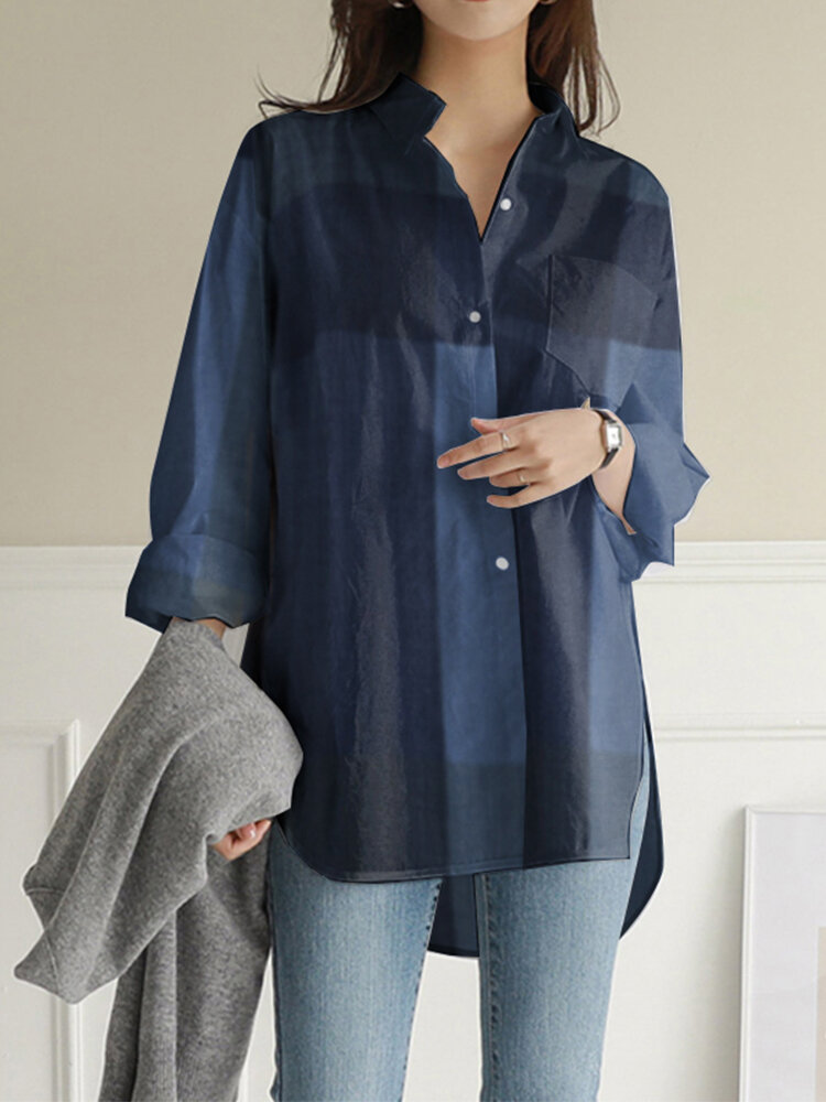 
	Plaid Print Long Sleeves Casual Loose Blouse With Pockets