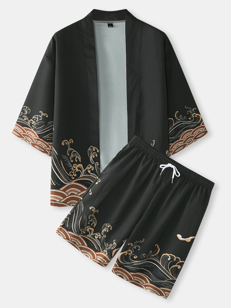 
	Mens Japanese Waves Print Open Front Kimono Two Pieces Outfits