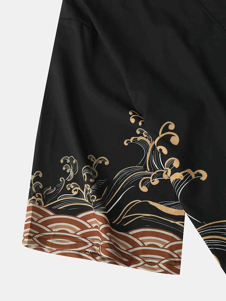 
	Mens Japanese Waves Print Open Front Kimono Two Pieces Outfits
