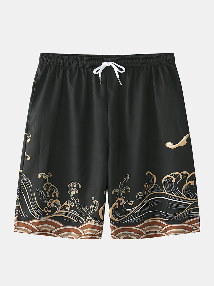 
	Mens Japanese Waves Print Open Front Kimono Two Pieces Outfits