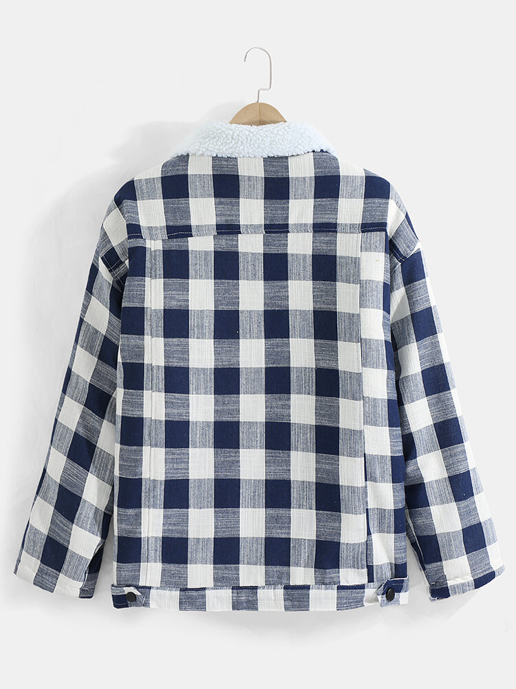 
	Mens Plaid Sherpa Lined Thick Zip Front Lapel Casual Jackets